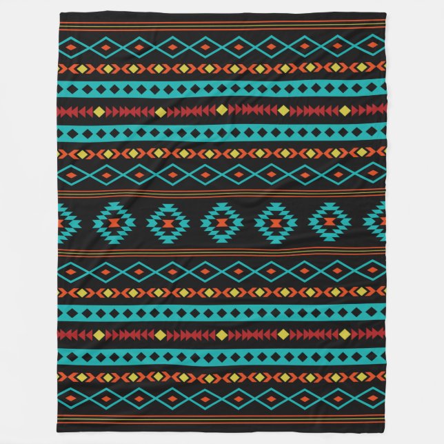 Aztec Teal Reds Yellow Black Mixed Motifs Pattern Fleece Blanket (Front)