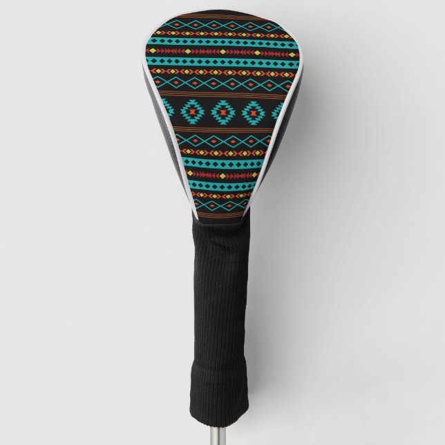 Aztec Teal Reds Yellow Black Mixed Motifs Pattern Golf Head Cover (Front)