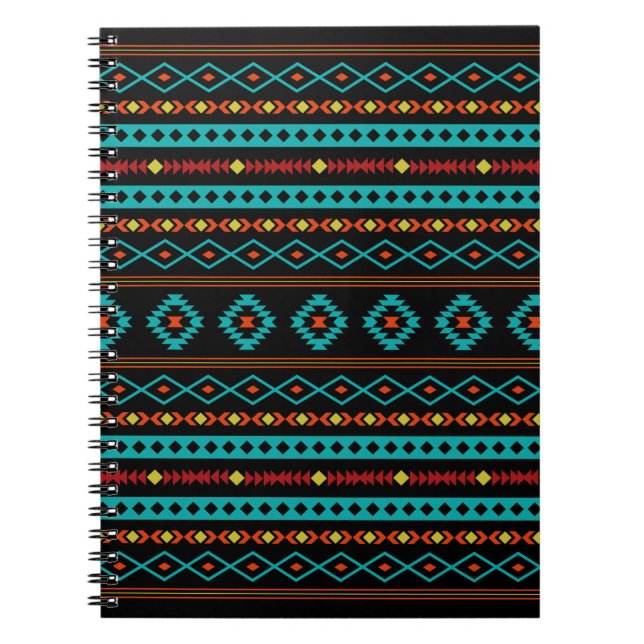Aztec Teal Reds Yellow Black Mixed Motifs Pattern Notebook (Front)