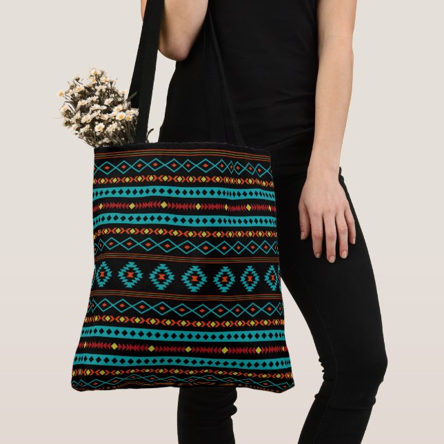 Aztec Teal Reds Yellow Black Mixed Motifs Pattern Tote Bag (Close Up)