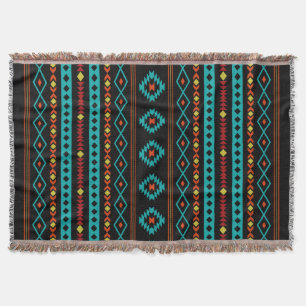Aztec Teal Reds Yellow Blk Mixed Motifs V Pattern Throw Blanket