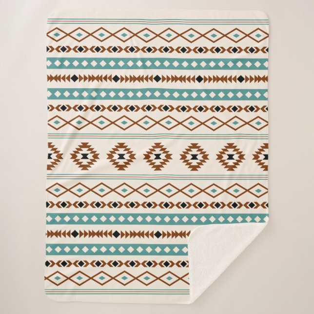 Aztec Teal Terracotta Black Cream Mixed Pattern Sherpa Blanket (Front)
