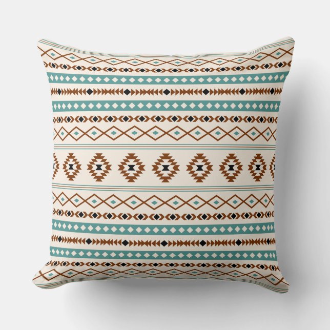 Aztec Teal Terracotta Black Cream Mixed Pattern Throw Pillow (Front)