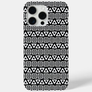 Aztec Triangles+Squares Pattern White on Black iPhone 15 Pro Max Case