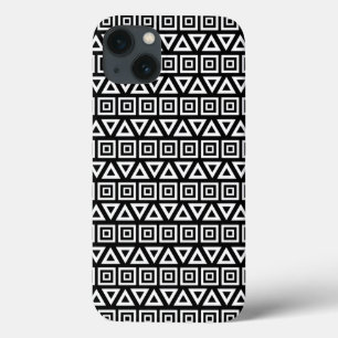 Aztec Triangles+Squares Pattern White on Black iPhone 13 Case