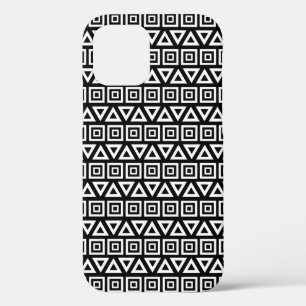 Aztec Triangles+Squares Pattern White on Black iPhone 12 Pro Case