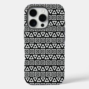 Aztec Triangles+Squares Pattern White on Black iPhone 16 Pro Case