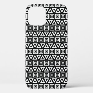 Aztec Triangles+Squares Pattern White on Black iPhone 12 Pro Case