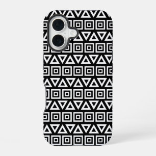 Aztec Triangles+Squares Pattern White on Black iPhone 16 Case