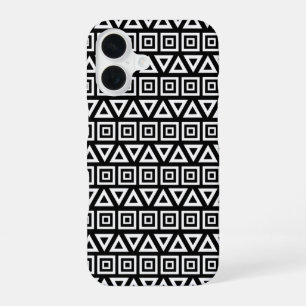 Aztec Triangles+Squares Pattern White on Black iPhone 16 Case