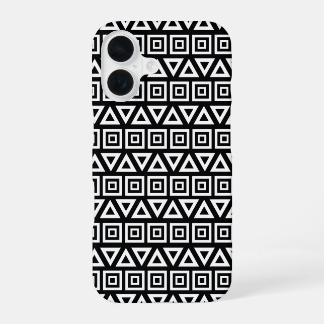 Aztec Triangles+Squares Pattern White on Black iPhone 16 Case (Back)