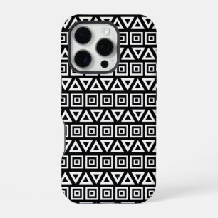 Aztec Triangles+Squares Pattern White on Black iPhone 16 Pro Case