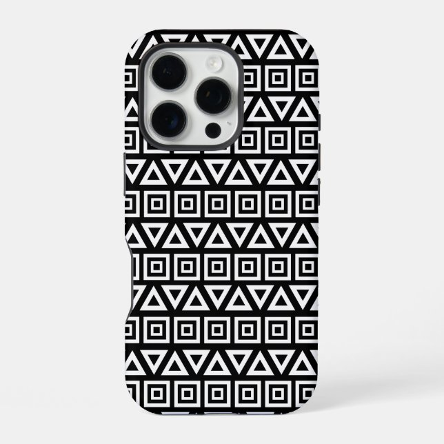Aztec Triangles+Squares Pattern White on Black iPhone Case (Back)