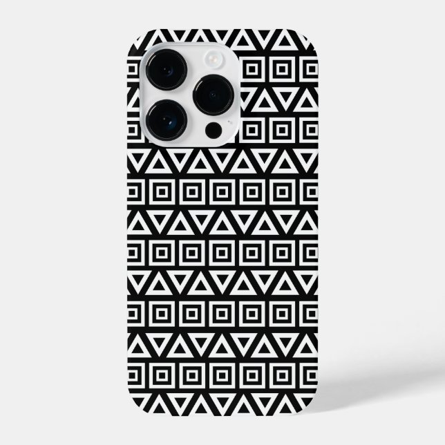 Aztec Triangles+Squares Pattern White on Black iPhone Case (Back)