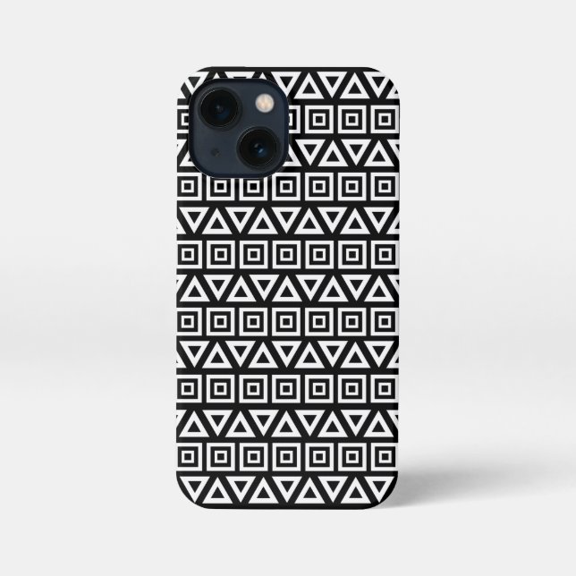Aztec Triangles+Squares Pattern White on Black iPhone Case (Back)