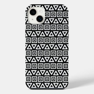 Aztec Triangles+Squares Pattern White on Black iPhone 14 Plus Case