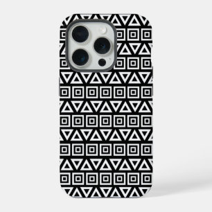 Aztec Triangles+Squares Pattern White on Black iPhone 15 Pro Case