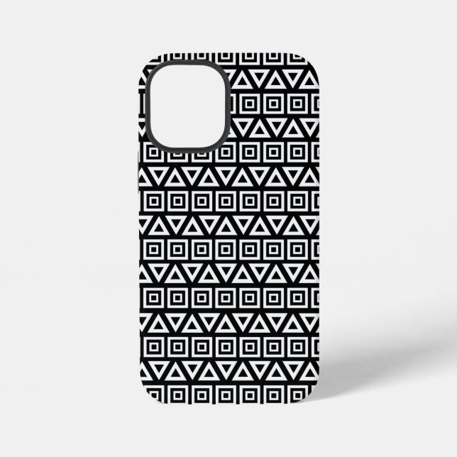 Aztec Triangles+Squares Pattern White on Black iPhone Case (Back)