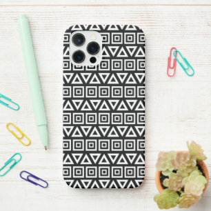 Aztec Triangles+Squares Pattern White on Black iPhone 12 Pro Case