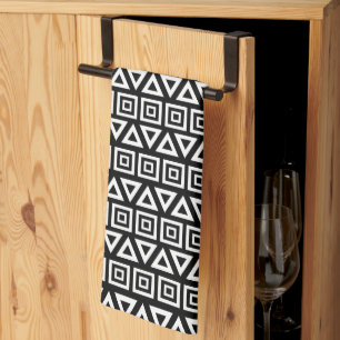 Aztec Triangles+Squares Pattern White on Black Kitchen Towel