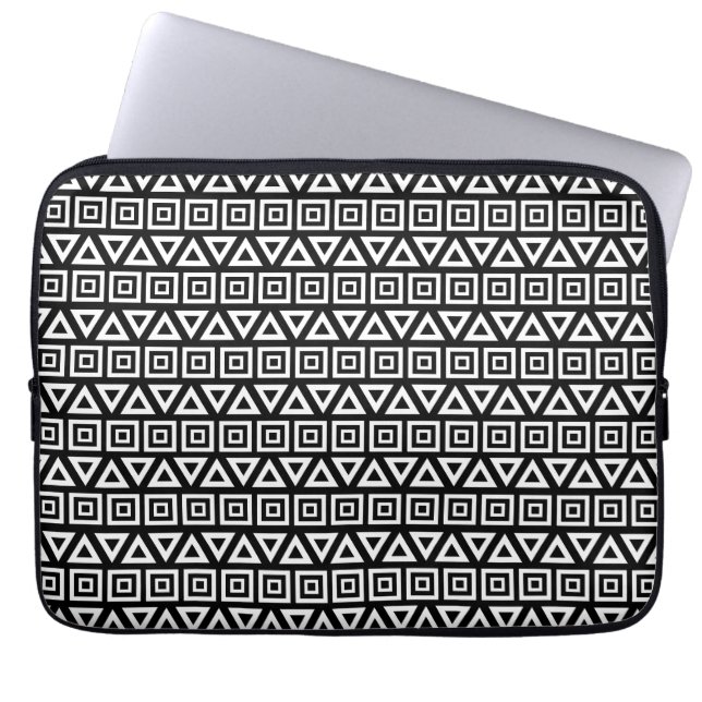 Aztec Triangles+Squares Pattern White on Black Laptop Sleeve (Front)