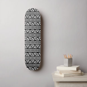Aztec Triangles+Squares Pattern White on Black Skateboard