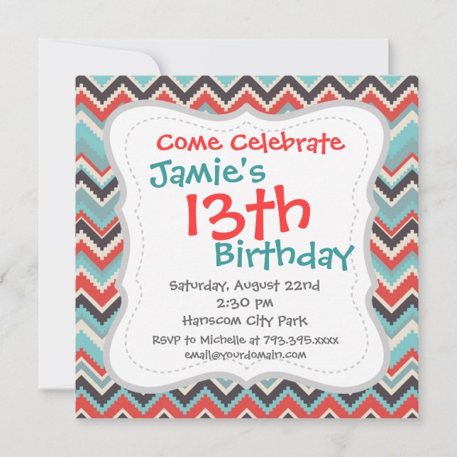 Aztec Tribal Chevron Zig Zag Pattern Red Blue Grey Invitation (Front)