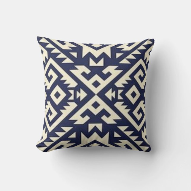 Aztec Tribal Design Throw Pillow in Beige & Blue (Front)