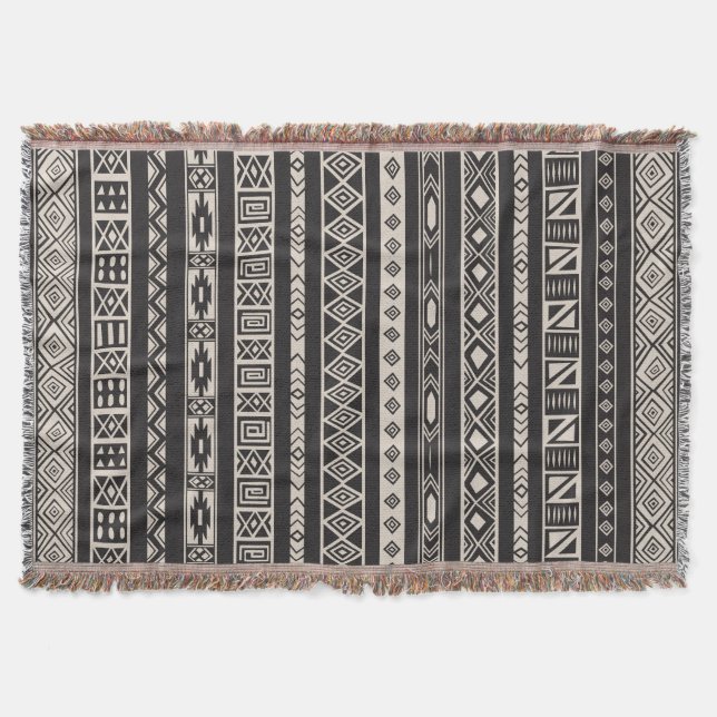 Aztec Tribal Ethnic Geometric Pattern Black Beige Throw Blanket (Front)