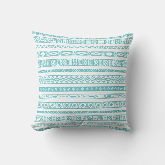 Aztec Tribal Ethnic Geometric Pattern Teal Blue Throw Pillow (Front)