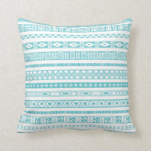 Aztec Tribal Ethnic Geometric Pattern Teal Blue Throw Pillow