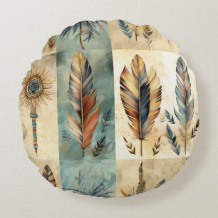 Aztec Tribal Feathers Medicine Stick Round Pillow