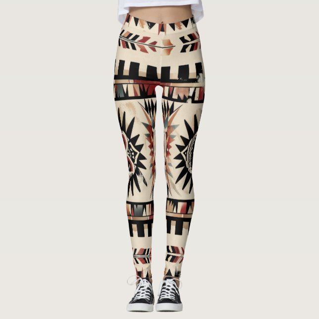 Aztec Tribal Geometric Pattern Leggings (Front)