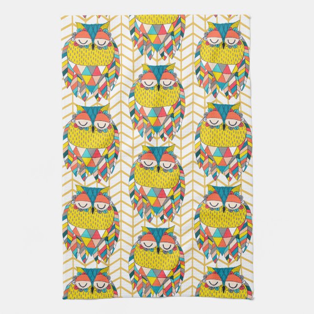Aztec Tribal Modern Owl Illustration Kitchen Towel (Vertical)