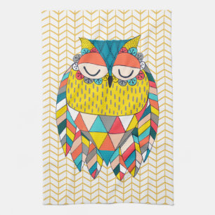 Aztec Tribal Modern Owl Illustration Kitchen Towel