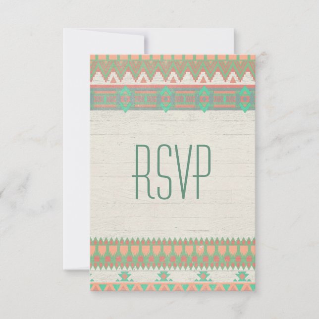 Aztec Tribal Native Pastel Peach/Aqua RSVP Card (Front)