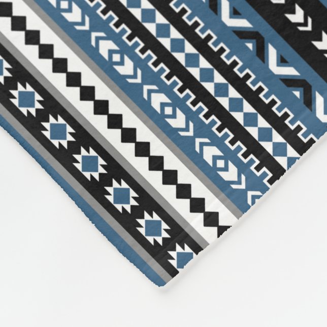 Aztec Tribal Pattern / Blue Grey White Black Fleece Blanket (Corner)