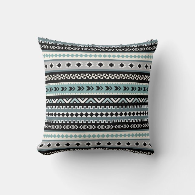 Aztec Tribal Pattern in Aqua and Black Throw Pillow (Front)