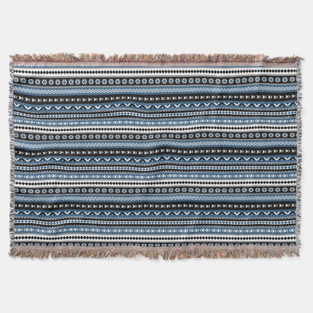 Aztec Tribal Pattern in Blue Grey White Black Throw Blanket (Front)