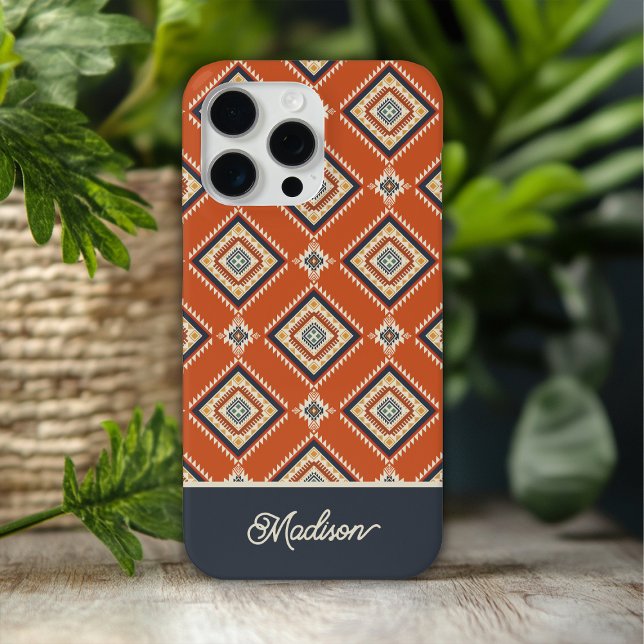  Aztec Tribal Pattern Rust Blue Personalized Name Case-Mate iPhone Case (Creator Uploaded)