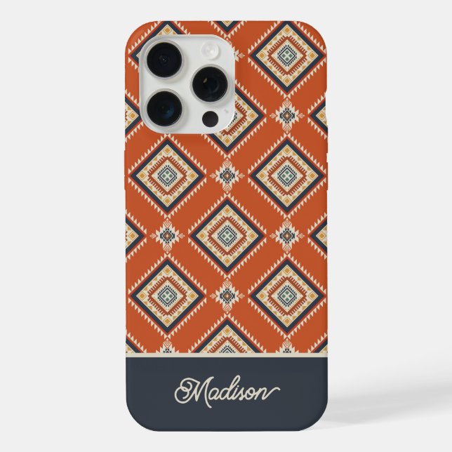  Aztec Tribal Pattern Rust Blue Personalized Name iPhone Case (Back)