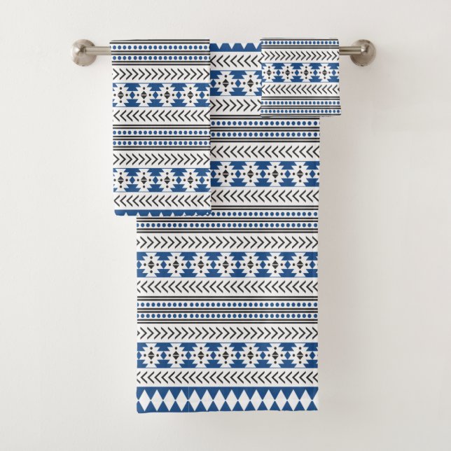 Aztec Tribal Print Blue Black White Bath Towel Set (Insitu)