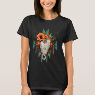 Aztec Turquoise Cow Bull Skull Western Rodeo Boho T-Shirt