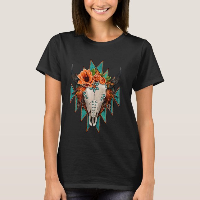 Aztec Turquoise Cow Bull Skull Western Rodeo Boho  T-Shirt (Front)