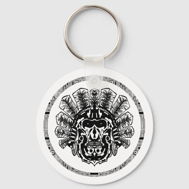 Aztec Warrior Head Circle Keychain (Front)
