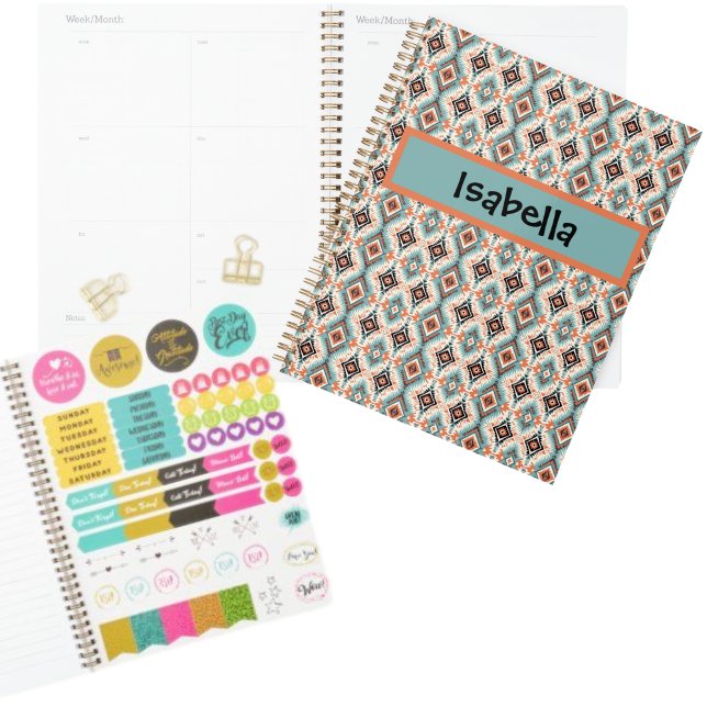 Aztec Western Tribal Teal Peach Planner (Aztec Western Planner includes stickers, which is customized with your name)
