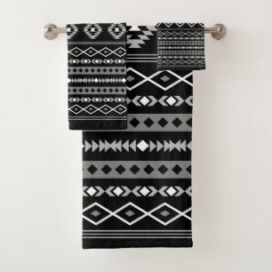Aztec White Grey Black Mixed Motifs Pattern Bath Towel Set