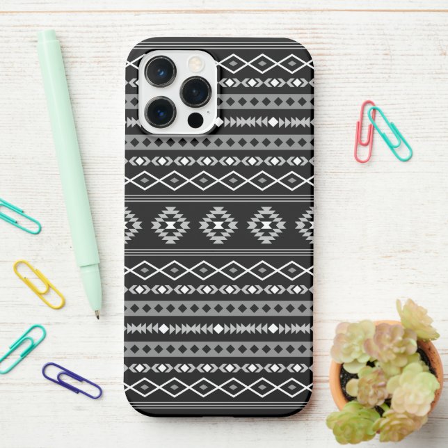 Aztec White Grey Black Mixed Motifs Pattern iPhone Case (On Desk)