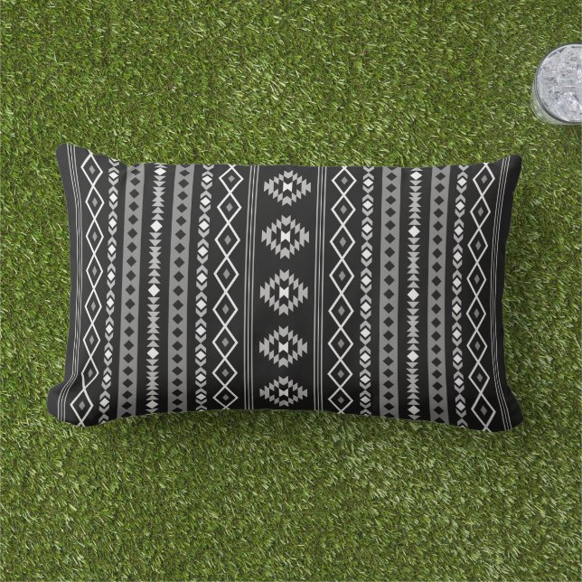 Aztec White Grey Black Mixed Motifs Pattern Lumbar Pillow (Grass)