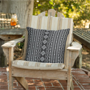 Aztec White Grey Black Mixed Motifs Pattern Outdoor Pillow